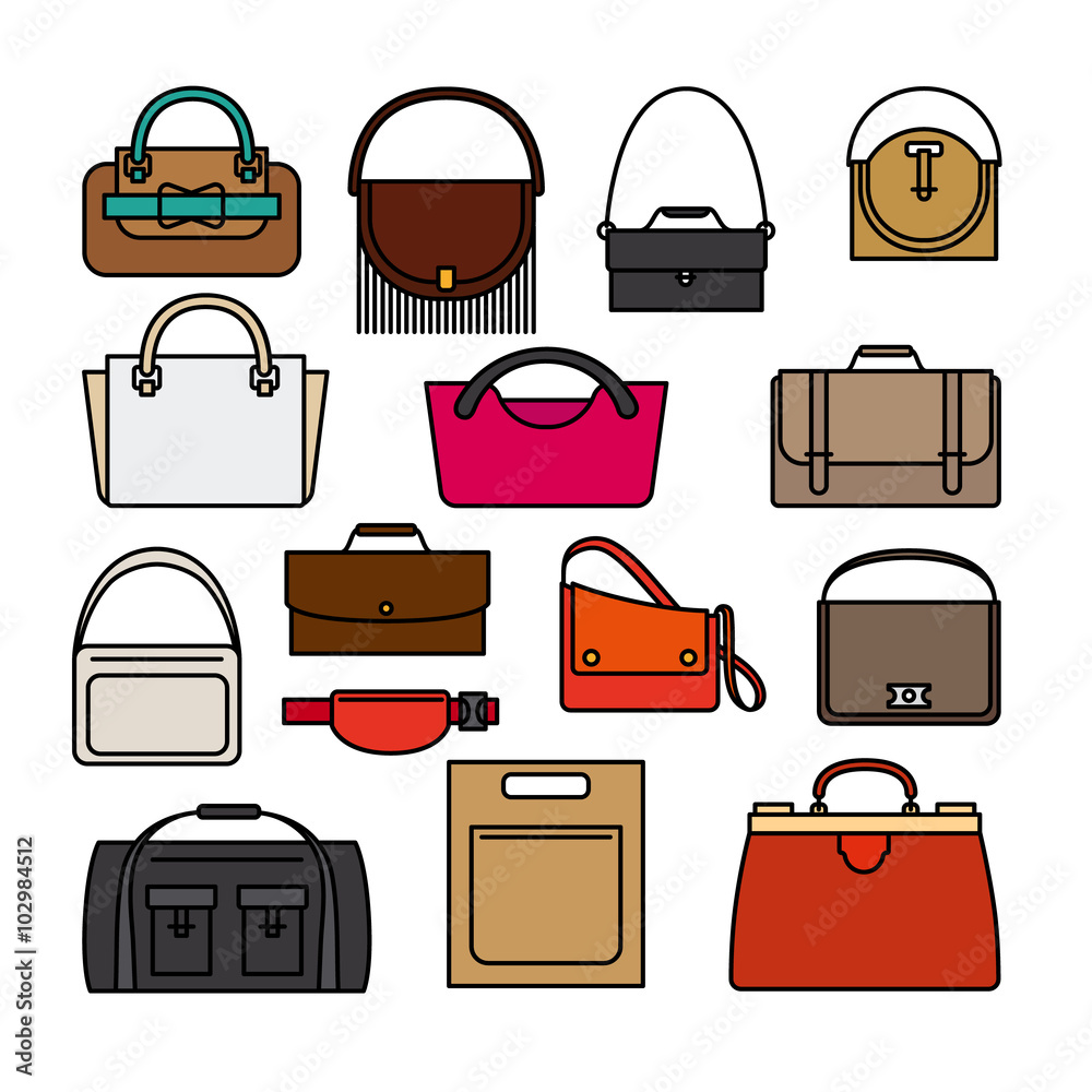 Bag colored icons on white background. Bags, purse and handbags vector icons