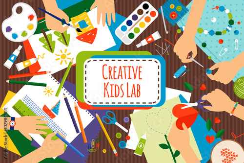 Creative kids lab, top view table with creative kids hands. Cutting paper, painting and sketching. Vector illustration