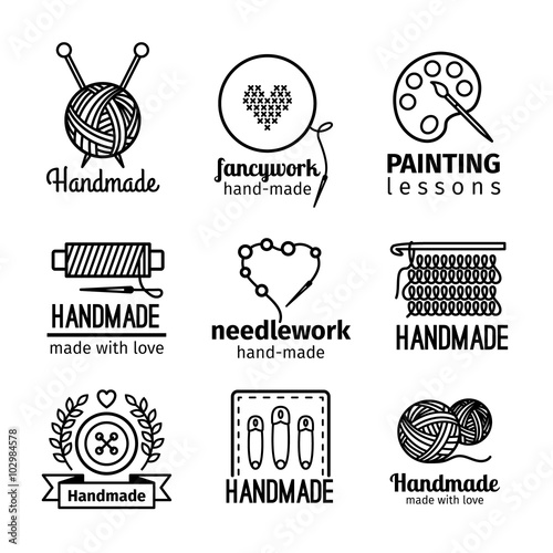 Handmade black thin line icons on white background. Handmade workshop logo set for painting cross stitching sewing and knitting. Vector illustration
