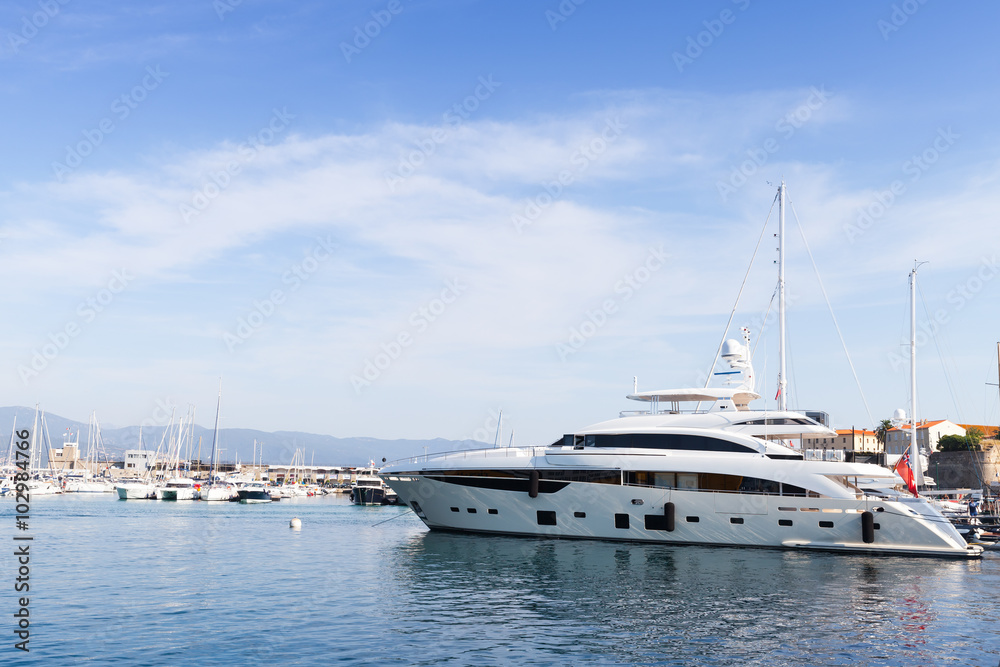 Pleasure motor yachts moored in marina of Ajaccio