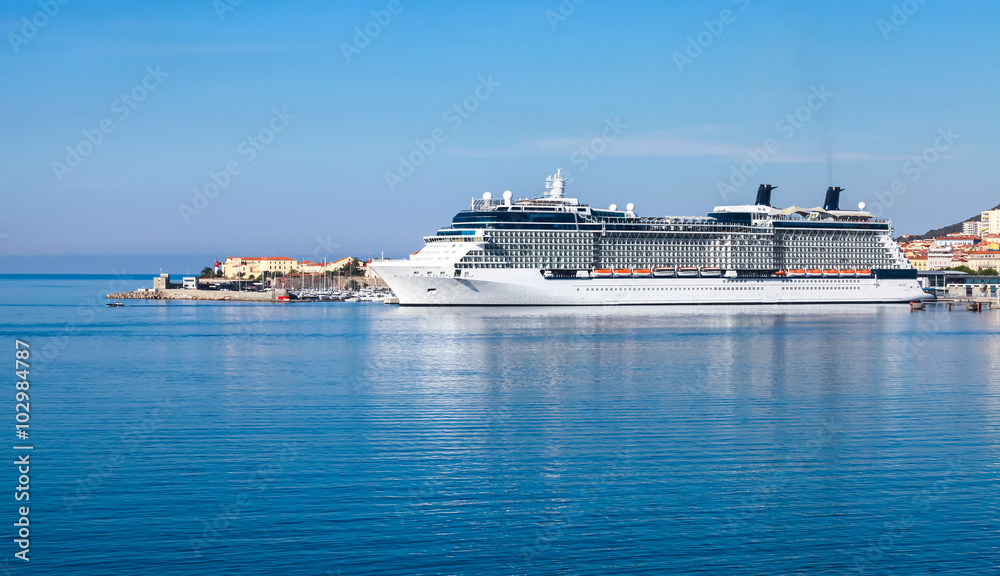  White luxury cruise ship moored in Ajaccio port, Corsica