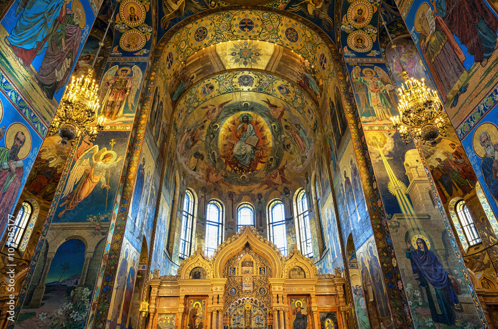 Mosaics in the interior of the Church of the Savior on Spilled Blood in St. Petersburg, Russia.
