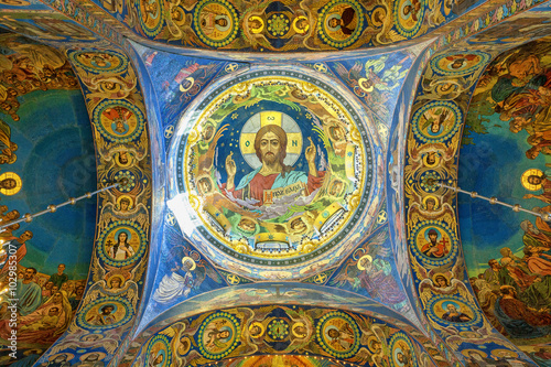 Mosaic of Christ Pantocrator under the central dome inside the Church of the Savior on Spilled Blood in St. Petersburg  Russia.