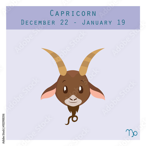 Cartoon Capricorn zodiac sign with duration and symbol in lower corner