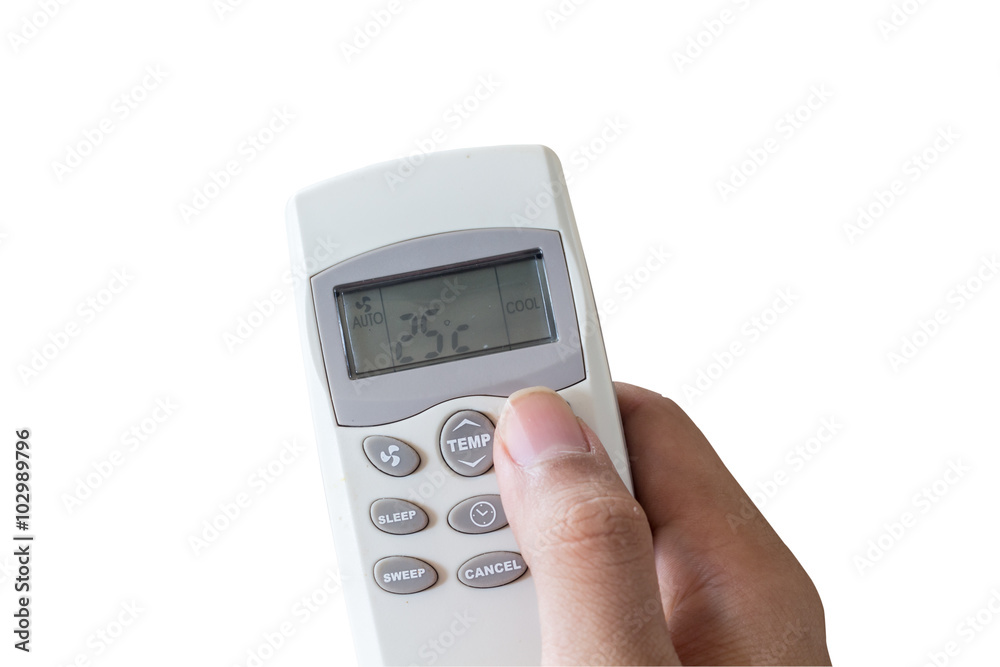 Hand with air conditioning remote control isolated on  white bac