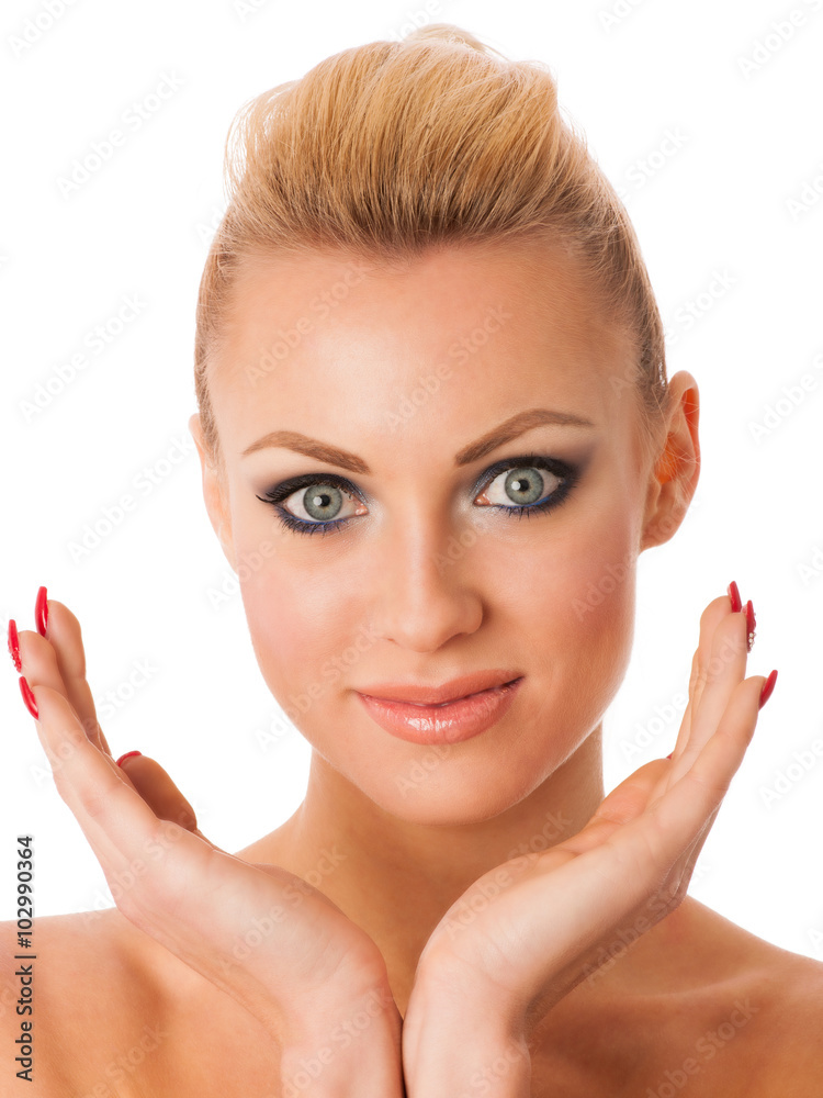 Portrait of woman with perfect makeup gesturing with hands purit Portrait of woman with perfect makeup gesturing with hands purit