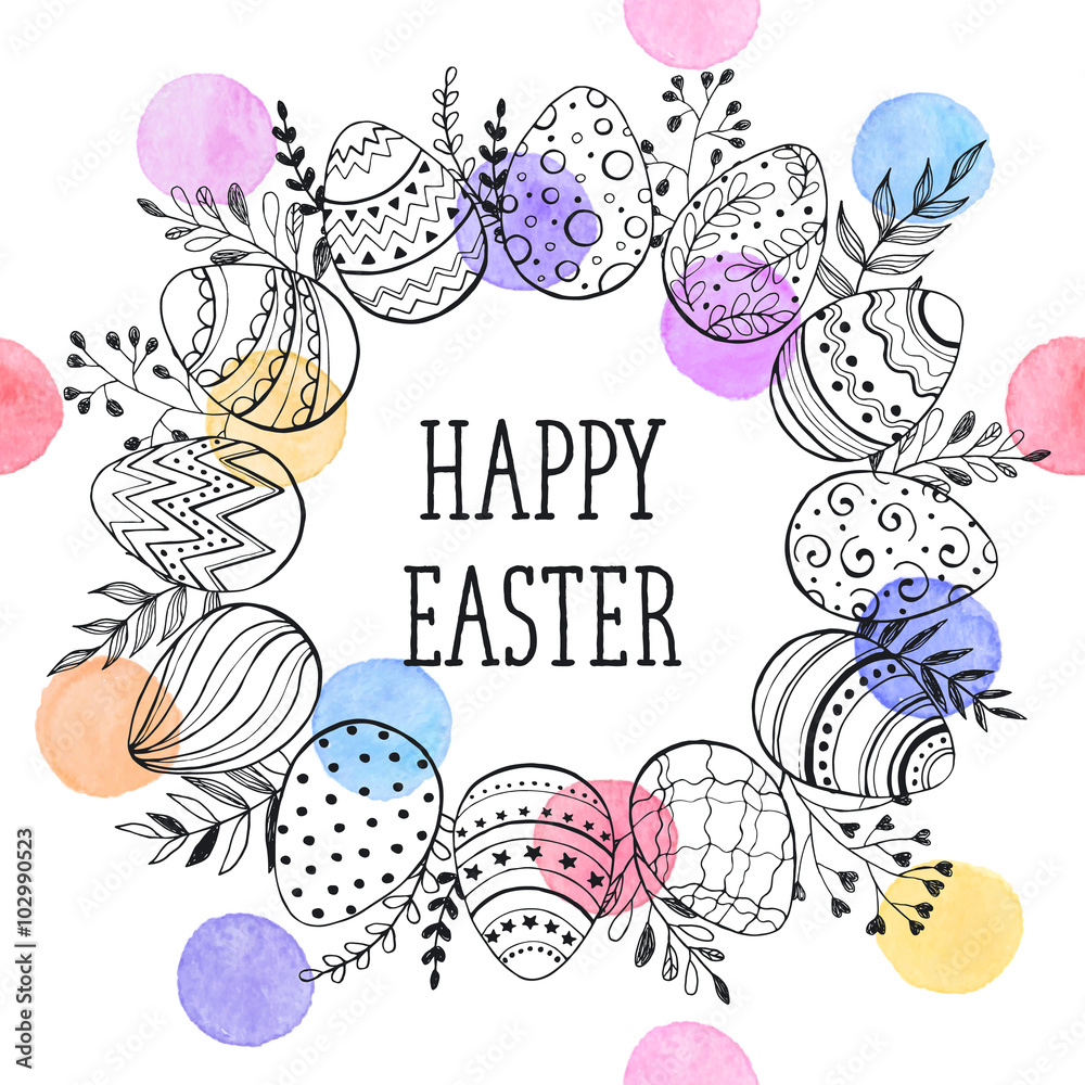 Fototapeta premium Easter wreath with easter eggs hand drawn black on white background. Decorative doodle frame from Easter eggs and floral elements. Easter eggs with ornaments in circle shape with watercolor dots.