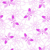 Pink butterfly, abstract seamless pattern on white background.