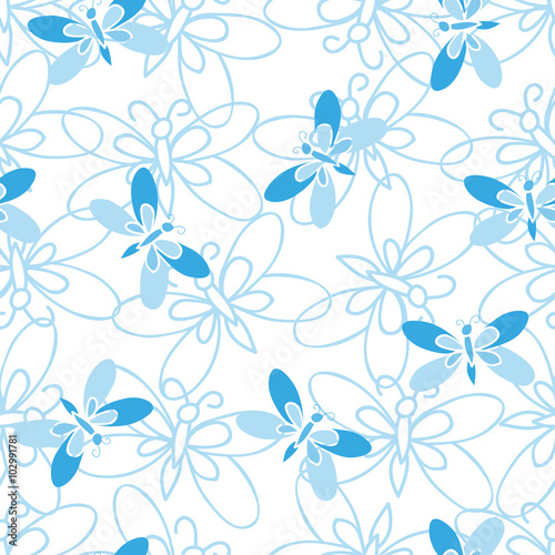 Blue butterfly, abstract seamless pattern on white background.