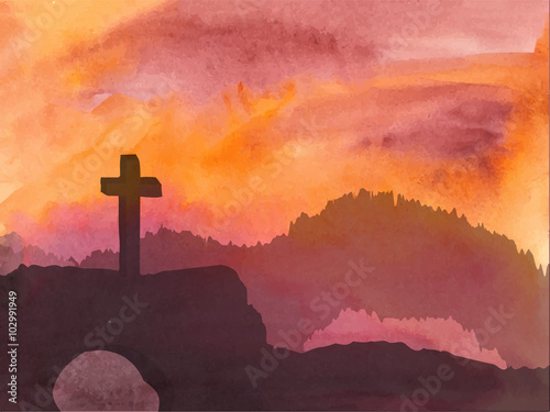 Easter scene with cross. Jesus Christ. Watercolor vector illustration  