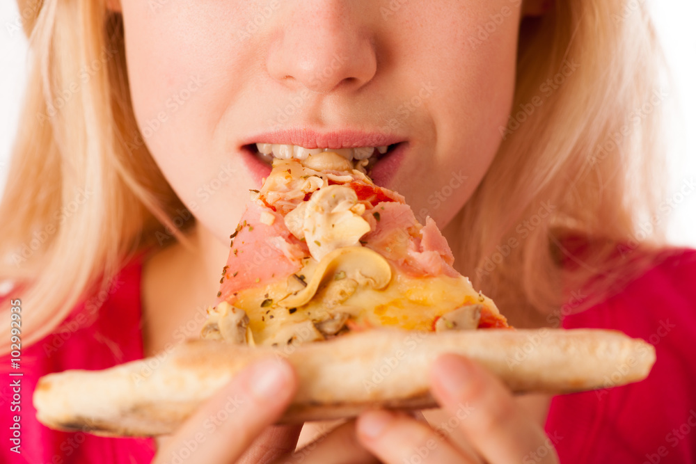 Woman with slice of delicious pizza, can't wait to bite in it. Woman with slice of delicious pizza, can't wait to bite in it.