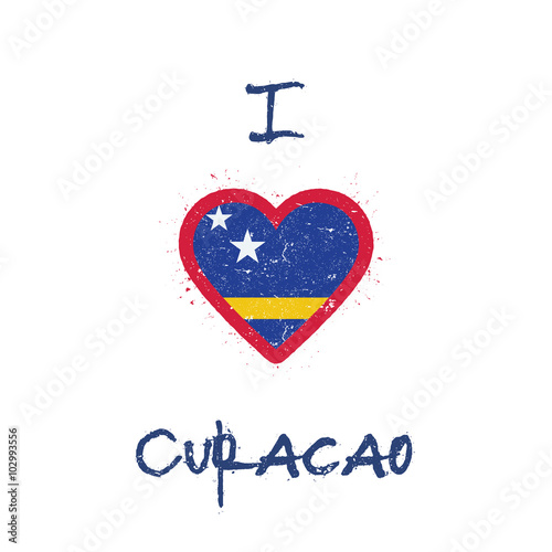 Curacao flag heart design. Grunge style, red, blue, yellow. T-shirt print.
