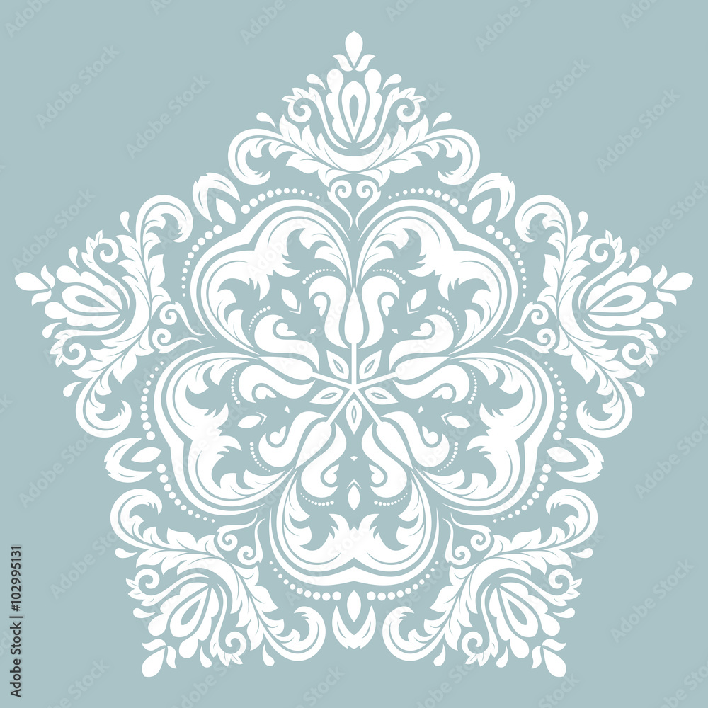 Oriental white pattern with arabesques and floral elements. Traditional classic ornament with light blue background