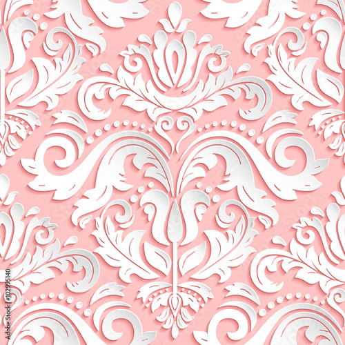 Seamless oriental pink and white ornament. Fine traditional oriental colored pattern with 3D elements, shadows and highlights