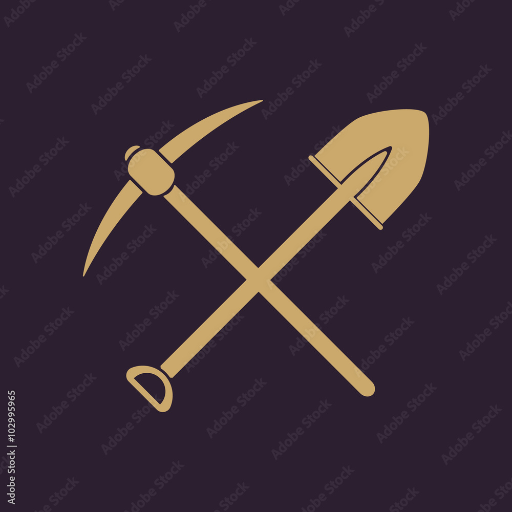 The crossing spade pickax icon. Pickax and excavation, digging, mining symbol. Flat The crossing spade pickax icon. Pickax and excavation, digging, mining symbol. Flat