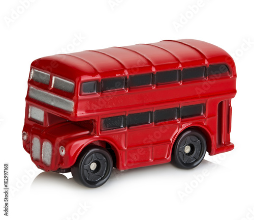 Model of classic red London bus close-up isolated on a white background.