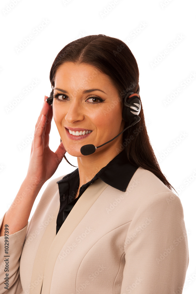 Woman with headset and microphone working in call center for hel Woman with headset and microphone working in call center for hel