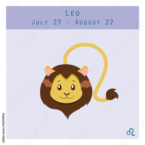 Cartoon Leo zodiac sign with duration and symbol in lower corner
