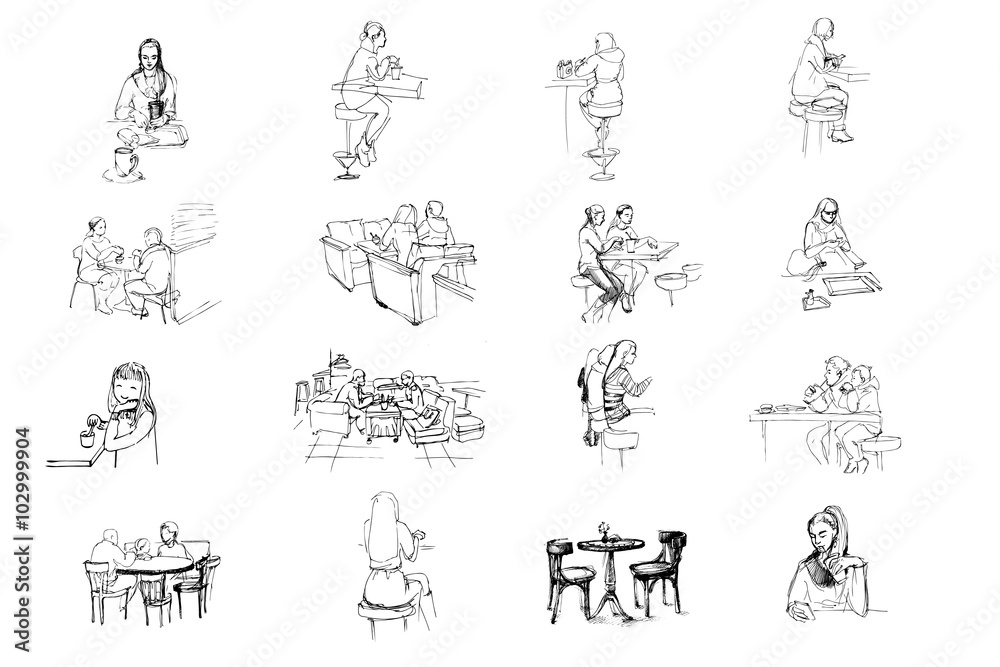  vector set of sketches of people sitting in cafe