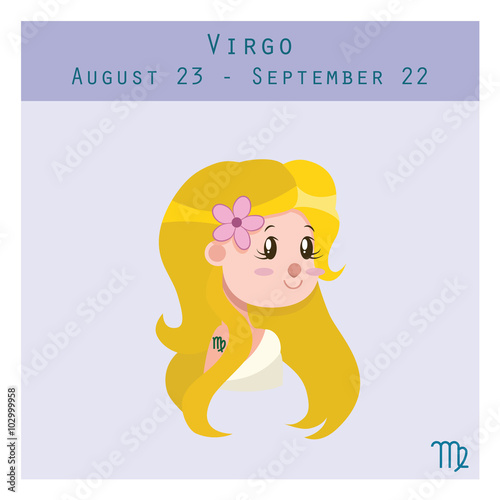 Cartoon Virgo zodiac sign with duration and symbol in lower corner