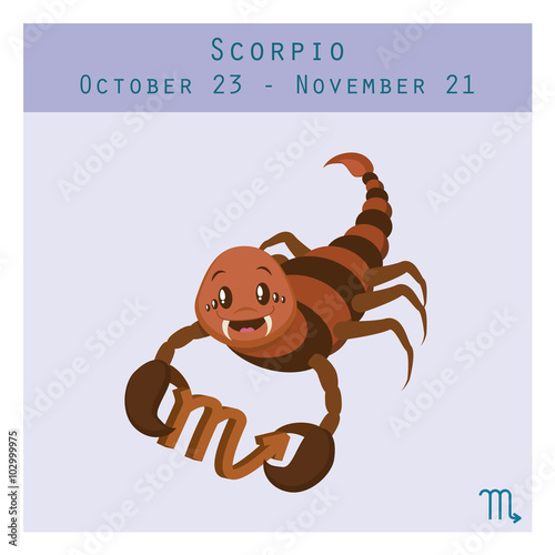 Cartoon Scorpio zodiac sign with duration and symbol in lower corner