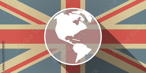 Long shadow UK flag icon with an America region world globe