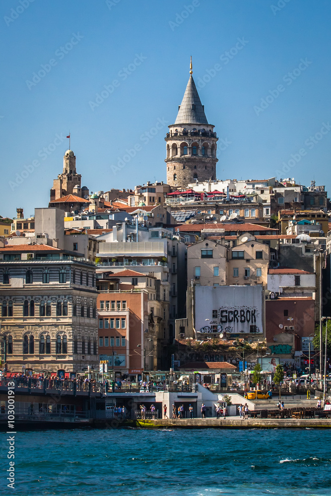 bosphorus with tower and mosque view, istanbul, turkey 