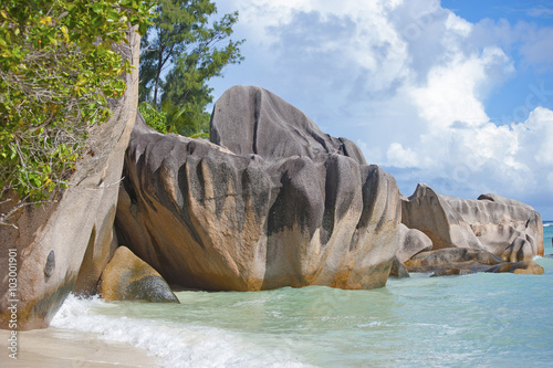 Huge boulders along the coast of the Seychelles..