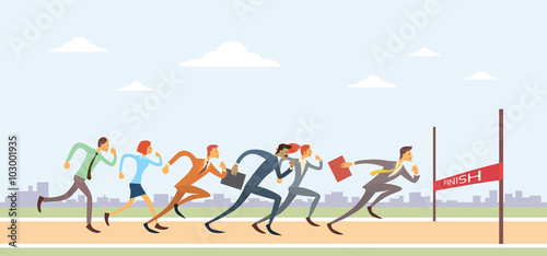 Business People Group Run To Finish Line Team Leader Competition