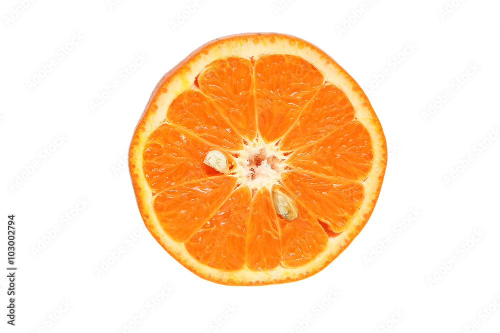 Half of orange fruit isolated on white background, citrus fruit, top view. Half of orange fruit isolated on white background, citrus fruit, top view.