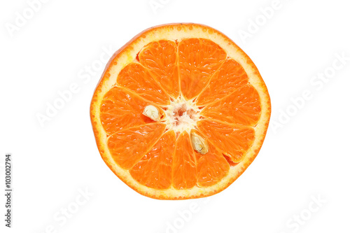 Half of orange fruit isolated on white background, citrus fruit, top view.