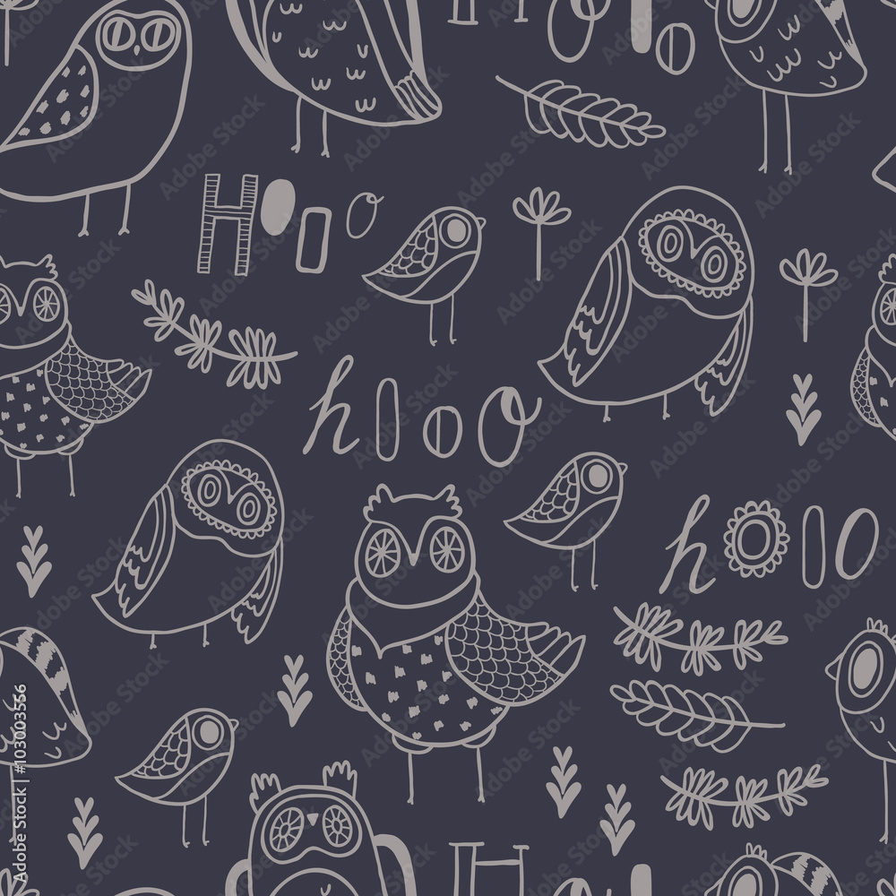 Naklejka premium Hooo Seamless Vector pattern. Cute owls, florals and hand lettering