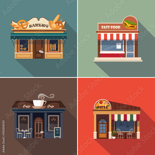 Stores and Shop Facades. Vector Illustration Set