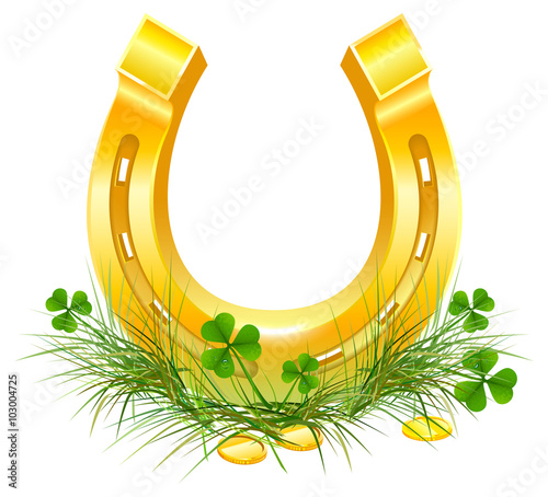 Golden Horseshoe and coins on grass clover. Patricks Day symbols