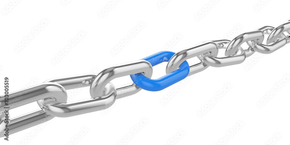 Fototapeta premium Chrome chain with a blue link at the center.