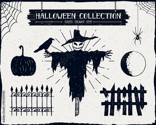 Hand drawn textured Halloween icons set.