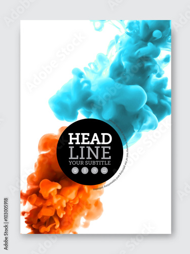 Vector brochure design template. Business abstract background with liquid colorful ink cloud clashing. Flyer, poster, banner, cover design. A4 size.