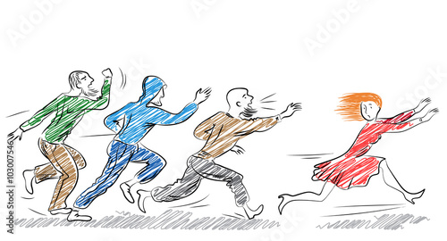 Young frightened woman runs away from the men. Harassment in the street case in Germany.