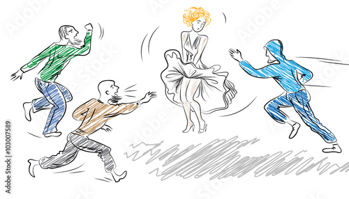 Young, frightened woman in dress and run to her men. Harassment in the street case in Germany.