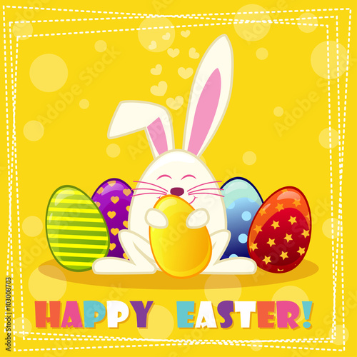 Happy ester rabbit and multicolored eggs in vector