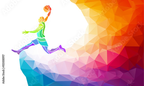 Polygonal geometric style illustration of a basketball player jump shot jumper shooting jumping viewed from the side set on colorful low poly background.