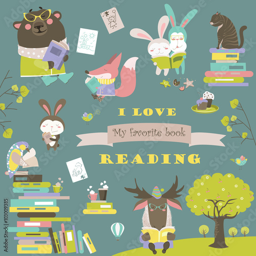 Set of cartoon animals reading books 