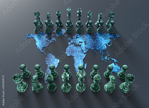 digital world map chess board with chess play
