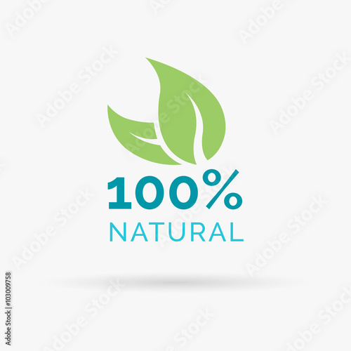 100% natural icon design. 100% natural symbol design. 100 percent natural product design with green leaf icon. Vector illustration.