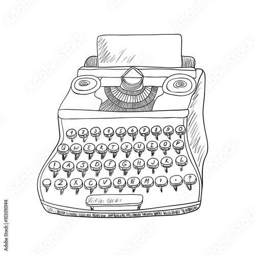Typewriter on white background. Black and white illustration