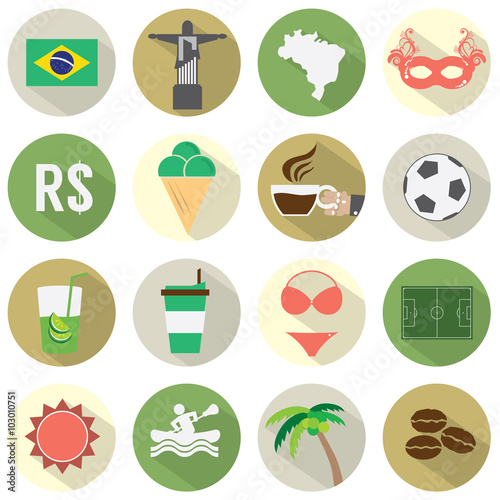 Flat Design Brazil Icons Set.
