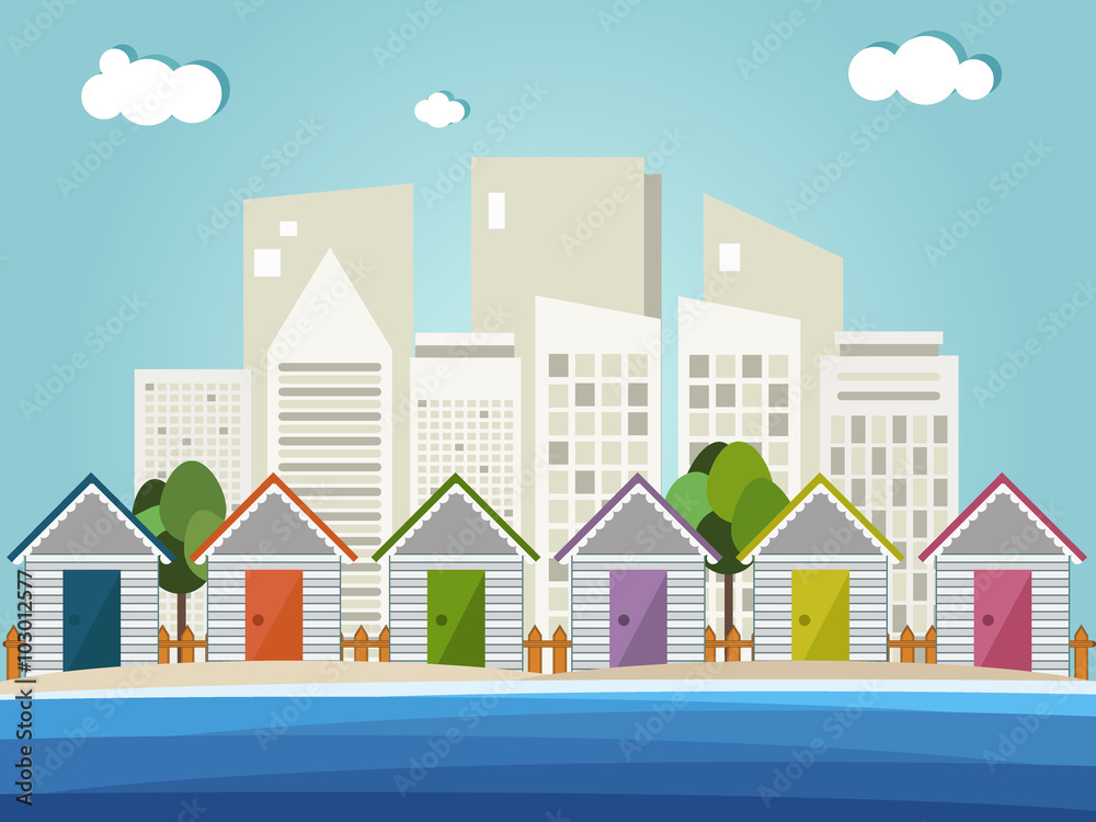 Colorful Beach Huts, Abstract Skylines Background