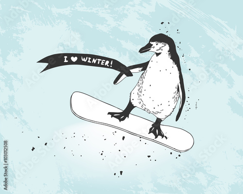 Penguin snowboarder with banner "I love winter"