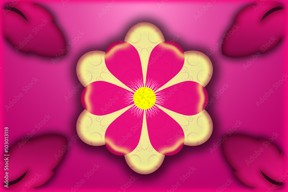 big flower with pink and yellow petals. . located at the corners of the composition bulk leaves. background pink big flower with pink and yellow petals. . located at the corners of the composition bulk leaves. background pink