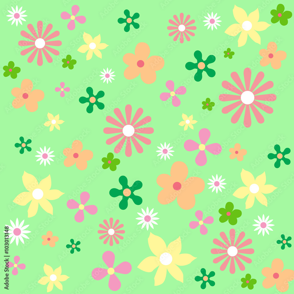 ornament on this illustration, bright, colorful spring, diverse. flowers of different shapes, colors and sizes The pattern of dynamics, fun and joyful spring and summer mood.